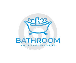 Bathroom, bathtub, bath, water mixer and drop, logo design. Plumbing, bathing, cleanliness and hygiene, vector design