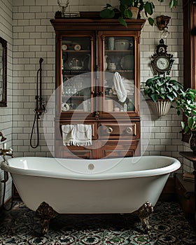 A bathroom with bathtub, cabinet, mirror, and clock in a wooden interior design