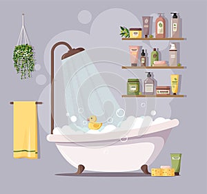 Bathroom with bathtub, shower, grooming cosmetics, towel, rubber duckie and plant. Cozy modern bathroom interior. Daily