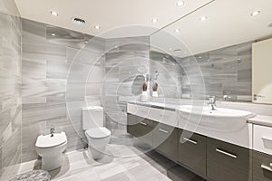 Bathroom with bidet toilet and washbasin under large mirror