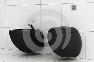 Bathroom with black toilet bowl and bidet