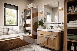 a bathroom with cabinets and shelves for towels, toiletries and other essentials