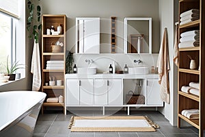 a bathroom with cabinets and shelves for towels, toiletries and other essentials