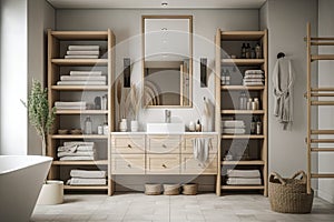 a bathroom with cabinets and shelves for towels, toiletries and other essentials