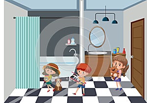 Bathroom with children holding their toys