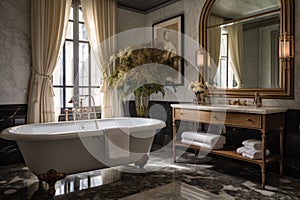 a bathroom with a claw-foot tub, marble sink and a vintage mirror