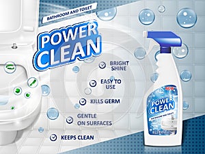 Bathroom cleaners ad poster, spray bottle mockup with detergent for bathroom sink and toilet with bubbles. 3d Vector