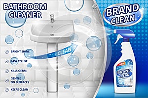 Bathroom cleaners ad poster, spray bottle mockup with liquid detergent for bathroom sink and toilet with bubbles and