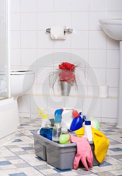 Bathroom with cleaning supplies