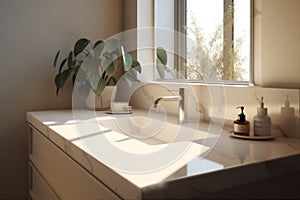 bathroom closeup faucet counter interior luxury house sunlight sink modern design. Generative AI.