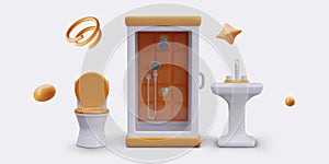 Bathroom color concept. 3D shower cabin, toilet, washstand, orange decorative elements