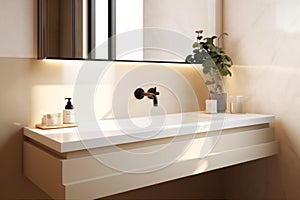 bathroom counter sink faucet sunlight house interior modern luxury design bathe. Generative AI.