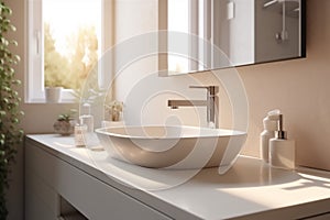 bathroom design interior house window counter sink modern faucet luxury sunlight. Generative AI.