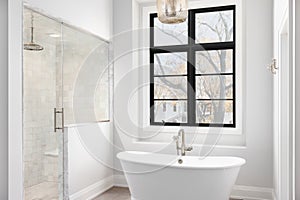 A bathroom detail with a soaker tub and walk-in shower.