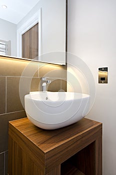 Bathroom detail of a stylish designer hand wash basin with wooden stand