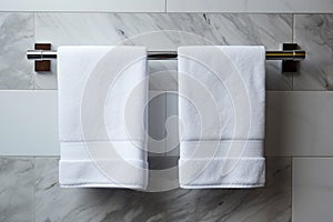 Bathroom elegance White towel hanging in a marble tiled wall bathroom