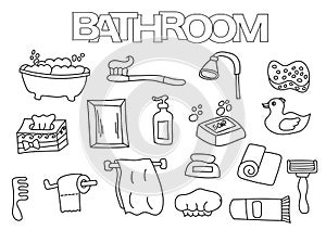 Bathroom elements hand drawn set. Coloring book template. Outline doodle