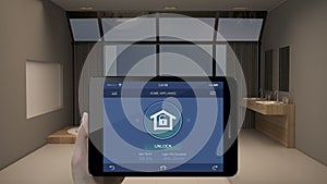 Bathroom energy saving efficiency control in smart pad,tablet application,window open close, Smart home IoT.