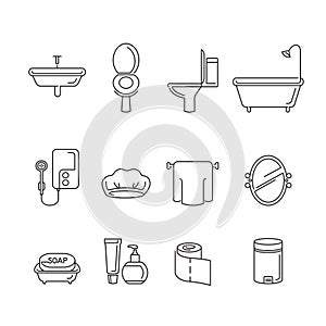 Bathroom equipments linear icons set photo