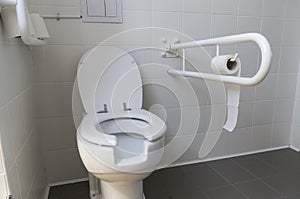 Bathroom equipped with toilet for the elderly and disabled people with fall prevention handle