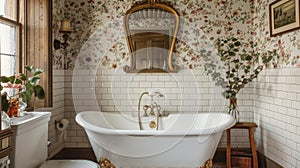 The bathroom features a clawfoot bathtub surrounded by white subway tiles and accented with a vintage brass faucet. The