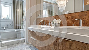 A bathroom featuring a unique cork vanity complete with a porcelain sink and sleek silver fixtures. The warm earthy