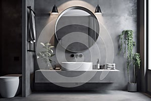 bathroom floor room design concrete sink home gray interior luxury mirror. Generative AI.