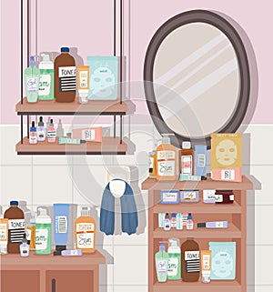 bathroom full of skincare products