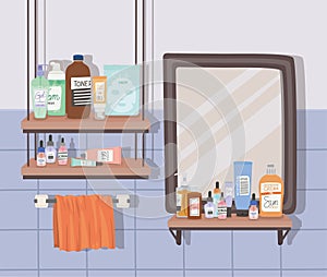 bathroom full of skincare products and one mirror