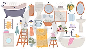 Bathroom furniture. Modern scandinavian bathtub, sink and toilet. Flat hygge bath interior elements, towels, mirrors and washer,