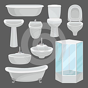 Bathroom furniture set, interior elements and lavatory equipment such as bathtub, shower cabin, toilet, sink, bidet