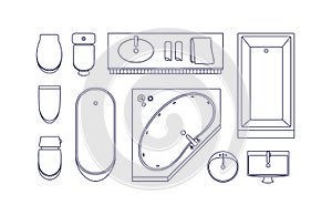 Bathroom furniture, top view. Bath tubs, toilet flushes, bowls, washbasins set for washroom interior design layout