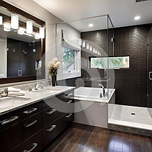 A bathroom with a glass shower and a tub