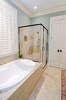 Bathroom with glass shower and tub