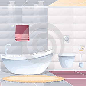 Bathroom at home interior design background. Modern room with toilet, bathtub full of water and foam with tap and shower