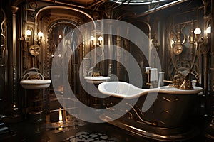 Bathroom in the hotel of Futuristic Style Victorian Romance. Choose Victorian-inspired fixtures. AI Generated