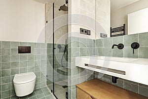 Bathroom of a house with contemporary decoration of small green tiles