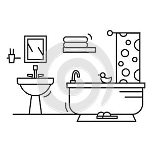 Bathroom icon. Bathroom interior, shower curtain and rubber duck. vector illustration.