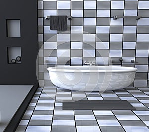 Bathroom interior 3d illustration black and white