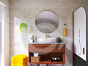 Bathroom interior 3d render, 3d illustration minimal