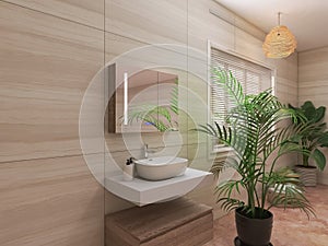 Bathroom interior 3d render, 3d illustration plant design comfortable contemporary stylish