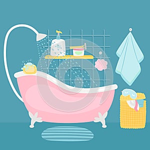 Bathroom interior bath and accessories cartoon vector illustration