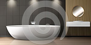 Bathroom interior with bath, sink and round mirror