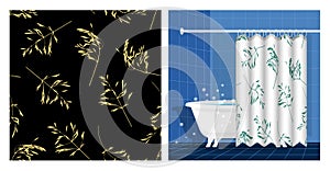 Bathroom interior with bathtub and curtain decorated cereal grass leaves silhouettes seamless pattern. Autumn field grass. Vector