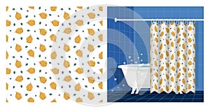 Bathroom interior with bathtub and curtain decorated seamless pattern with quince fruit whole and leaves. Exotic fruit party.