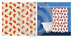 Bathroom interior with bathtub and curtain decorated seamless pattern with sliced tomato. Tomato wedges and slices for salad.