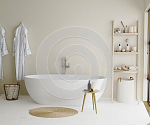 Bathroom interior with bathtub in japandi style, 3d rendering