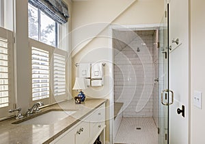 Bathroom interior with beautiful tile wheelchair accessible shower