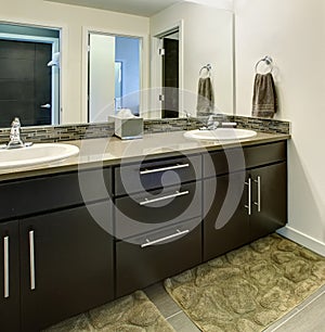 Bathroom interior with black cabinets, two sinks and large mirror.