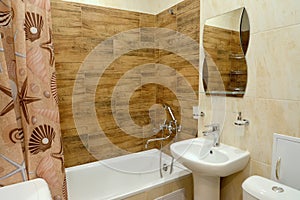 Bathroom interior with brown panel